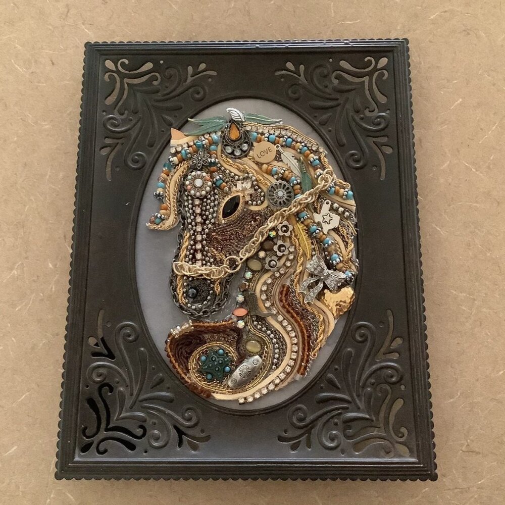 JEWELED PICTURE Bronze Frame Horse Artist Design Vintage & Modern Jewels 5X7